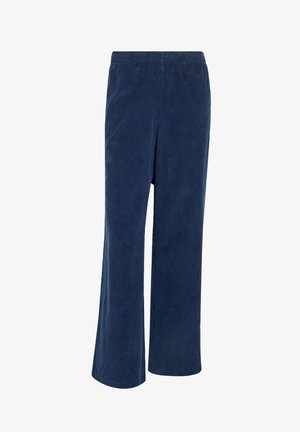 Námořnicky modré manšestrové kalhoty se širokými nohavicemi, s elastickým pasem a vertikální žebrovanou strukturou. Hladký povrch, ležérní styl.