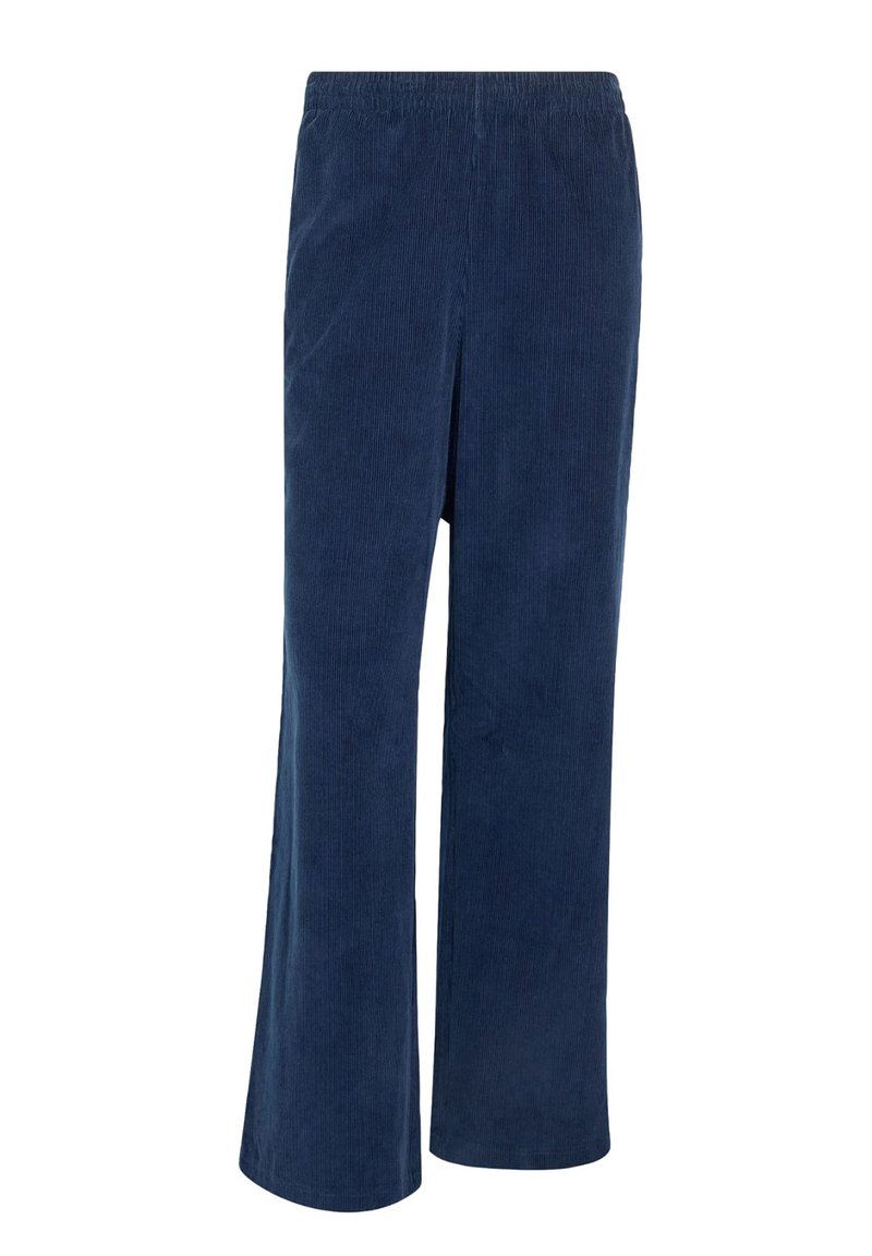 Navy corduroy pants with a wide leg design, featuring an elastic waistband and vertical ribbed texture. Smooth finish, casual style.