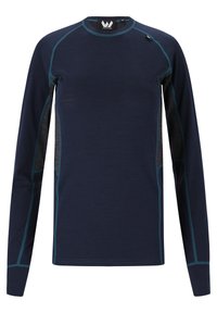 Marinblus med långa ärmar i kontrasterande turkosa sömmar och svarta mesh-sidopaneler. Har en rund halsringning och en liten logotyp på kragen.