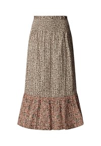 Beiger Midirock mit elastischem Bund, kleinen braunen geometrischen Mustern und einem gerafften Saum mit mehrfarbigem Blumenmuster.