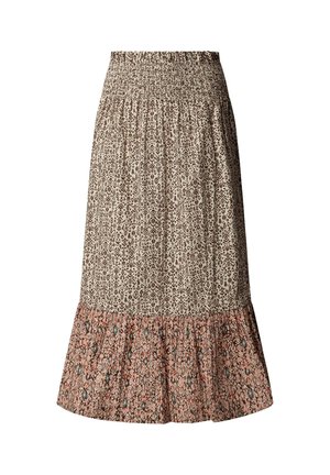 Gonna midi beige con vita elastica, piccoli motivi geometrici marroni e orlo arricciato con stampa floreale multicolore.