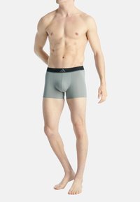 Grå boxershorts med svart elastisk midja som har en adidas-logotyp. Slät textur, åtsittande form och sömlösa kanter för komfort.