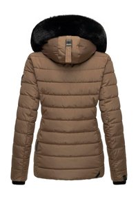 Brown puffer jacket with a black faux fur-lined hood, quilted design, slim fit, and zippered side pockets. Features logo detail on back.