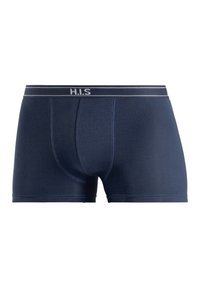 Navy blue men's boxer shorts made from soft fabric. Features a wide waistband with "H.I.S" logo in white and contrast stitching details.