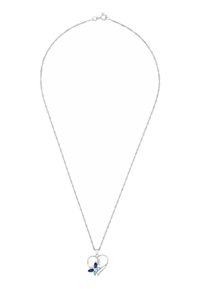 Srebrny naszyjnik łańcuszkowy z sercowym wisiorkiem ozdobionym niebieskimi i turkusowymi kamieniami szlachetnymi, prezentujący misternie wywinięte kształty i polerowane wykończenie.