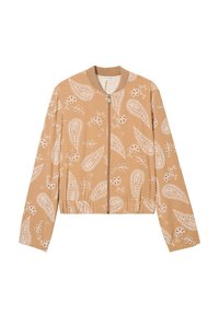 Lyhyeksi leikattu vaaleanbeige bombere takki, jossa on valkoisia paisley- ja kukkakuoseja, edessä vetoketju ja elastiset helma ja hihat. Pehmeä kankaan rakenne.