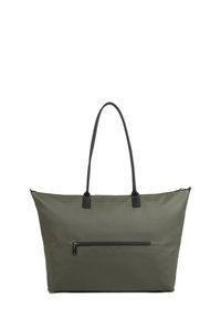 Borsa a tracolla verde oliva con manici in pelle nera, forma rettangolare, tasca con zip sul davanti, realizzata in tessuto resistente e liscio.