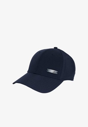 Navy blue cap made of smooth fabric with a curved brim, featuring a black metal accent on the front with a logo and stitched details.