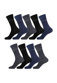 Paquet de 10 paires de chaussettes de type crew en noir, marine et gris. Matériau doux en mélange de coton, avec des bords côtelés et des orteils et talons renforcés.