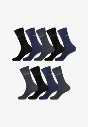 Paquet de 10 paires de chaussettes de type crew en noir, marine et gris. Matériau doux en mélange de coton, avec des bords côtelés et des orteils et talons renforcés.
