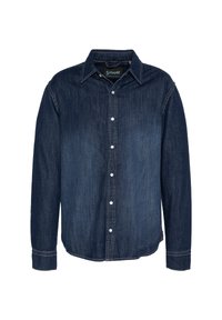 Camicia in denim blu scuro con chiusura a bottoni, maniche lunghe, colletto a punta e dettagli di cucitura a contrasto.