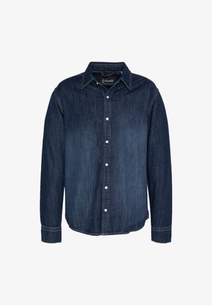 Camicia in denim blu scuro con chiusura a bottoni, maniche lunghe, colletto a punta e dettagli di cucitura a contrasto.