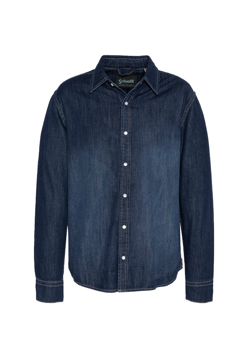 Camicia in denim blu scuro con chiusura a bottoni, maniche lunghe, colletto a punta e dettagli di cucitura a contrasto.