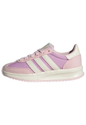 Pink and purple sneakers with white three-stripe accent, suede and textile upper, rubber sole, labeled “CLOUDfoam” on the side.