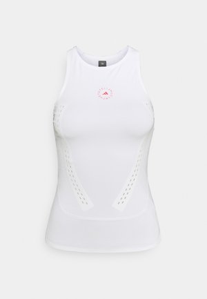 Weißes ärmelloses Sportoberteil mit rundem Ausschnitt, dezenten strukturierten Seitenpanels und einem pinken, runden Logo auf der Brust.