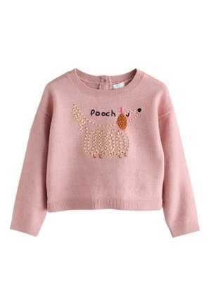 Junges Mädchen mit braunem, zurückgebundenem Haar, das einen pinken Pullover mit einem gestickten Hund und dem Wort "pooch" trägt.