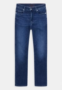 Mörkblå denimjeans med rak bendesign, fem fickor och klassisk dragkedja. Har subtila blekning och sömnadsdetaljer.