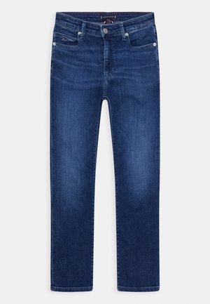 Donkerblauwe denim jeans met een recht gesneden model, vijf zakken en een klassieke ritsfly. Voorzien van subtiele vervaging en stikdetails.