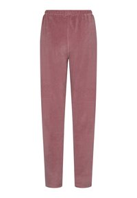 Light pink, soft velour pants with an elastic waistband. Straight-leg design, smooth texture, and no visible pockets or detailing.