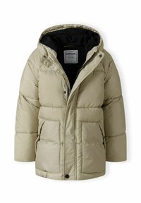 Puffer jaka gaiši bēšā krāsā, ar kapuci, melnu oderi, priekšējo rāvējslēdzēju un divām sānu kabatām. Strukturēts, quiltēts dizains.