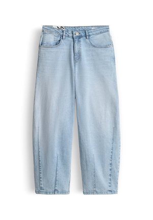 Lichtblauwe denim jeans met voorzakken, riemlussen, knoopsluiting en cropped wijd uitlopende pijpen met voorzakken bij de zoom.