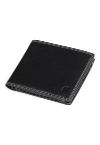 Black leather wallet with white stitching, bi-fold design, smooth texture, and logo accent on the front. Compact and practical shape.