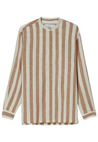 Långärmad skjorta i krämfärgade och rostfärgade ränder, med rund halsringning, knappstängning och lätt strukturerad tyg.
