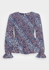 Blusa floral azul-marinho com mangas longas, cintura franzida e punhos com acabamento em babados. O padrão apresenta pequenas flores brancas e vermelhas sobre um fundo escuro.