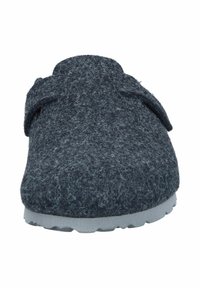 Dark gray woolen slipper with side straps and textured gray rubber sole, shown from the front.