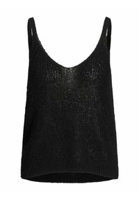 Top sin mangas de punto negro con un profundo escote en forma de U, tirantes y un ajuste relajado. Tejido texturizado con una trama suelta y color sólido.