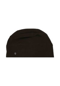 Gaiter de gât cu blană neagră, cu un mic logo circular alb aproape de marginea de jos, pe un fundal alb simplu.