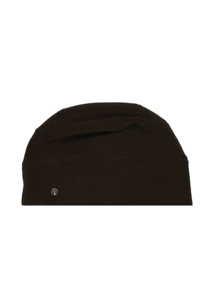 Gaiter de gât cu blană neagră, cu un mic logo circular alb aproape de marginea de jos, pe un fundal alb simplu.
