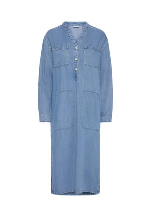 Traper haljina, svijetloplava, dugi rukavi, zatvaranje na kopče, V-izrez, dva prednja džepa, ležerni dizajn, glatka tekstura, do koljena.