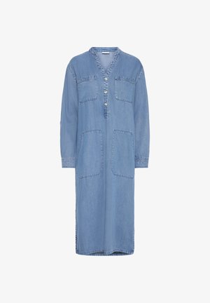 Spijkerjurk, lichtblauw, lange mouwen, knoopsluiting, V-hals, twee voorzakken, casual ontwerp, gladde textuur, tot op de knie.
