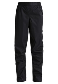 Pantalon imperméable noir avec taille élastique et jambes droites, conçu pour une utilisation extérieure ou la protection contre la pluie.