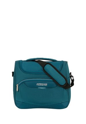 Borsa a tracolla American Tourister turchese con tracolla imbottita, tasca frontale con cerniera e manico superiore, progettata per viaggi e uso quotidiano.