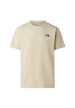 Beige katoenen t-shirt met korte mouwen, een ronde hals en een donker logo op de linkerborst. Glad oppervlak, standaard pasvorm.
