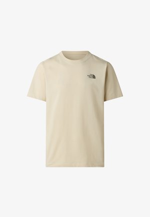 T-shirt beige in cotone con maniche corte, scollo rotondo e logo scuro sul petto a sinistra. Texture liscia, vestibilità standard.