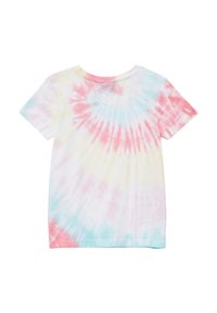 Korte mouwen tie-dye t-shirt in pastelkleuren: roze, blauw, geel en wit. Zacht katoenmateriaal met een spiraalpatroon en een ronde hals.