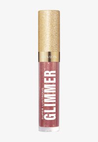 Revlon Super Lustrous Glimmer lip gloss i en gennemsigtig tube med et skinnende guldglitter-låg og en pink skimrende formel.