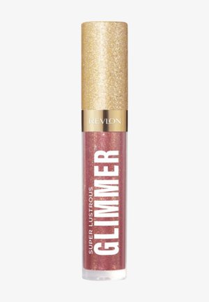 Lśniący błyszczyk Revlon Super Lustrous Glimmer w przezroczystej tubce, z błyszczącą złotą nakrętką i różową, błyszcząca formułą.