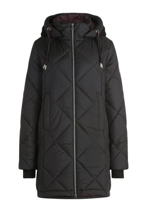 Schwarze gepolsterte Jacke mit Kapuze, die ein diagonales Steppmuster, einen Frontreißverschluss und elastische Manschetten aufweist. Innenfutter aus burgunderfarbener Stoff.