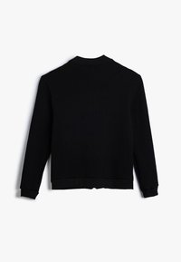 Felpa nera a coste con collo rotondo, maniche lunghe e polsini aderenti, caratterizzata da una texture uniforme e una vestibilità rilassata.