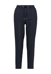 Pantalons de jogging bleu marine en tissu texturé, dotés d'une taille élastique avec cordon de serrage, de jambes fuselées et d'un motif à pois subtil.