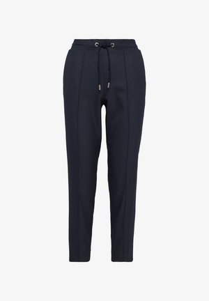 Pantalons de jogging bleu marine en tissu texturé, dotés d'une taille élastique avec cordon de serrage, de jambes fuselées et d'un motif à pois subtil.