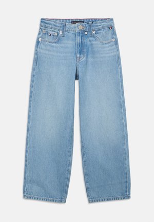 Světle modré džíny s širokými nohavicemi, předními a mincovními kapsami, zapínáním na knoflík a jemnými logy Tommy Hilfiger.