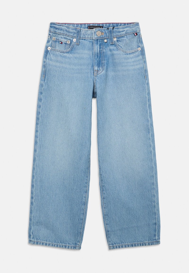 Šviesiai mėlynos plačios kojos džinsai su priekinėmis ir monetų kišenėmis, sagų užsegimu ir subtiliais Tommy Hilfiger logotipo akcentais.