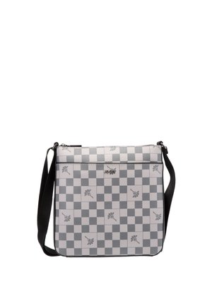 Checkered crossbody bag in gray and white with floral accents, silver logo, and black adjustable shoulder strap.
