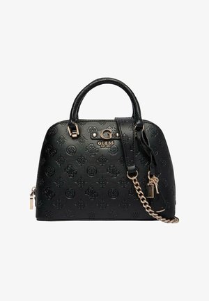 Sac à main en cuir noir avec motif floral en relief, double poignée, bandoulière amovible et accents métalliques dorés.