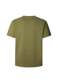 Olivengroene t-shirt, korte mouwen, ronde hals, zachte stof, zachte textuur, eenvoudig ontwerp, geen zichtbare patronen of accenten.
